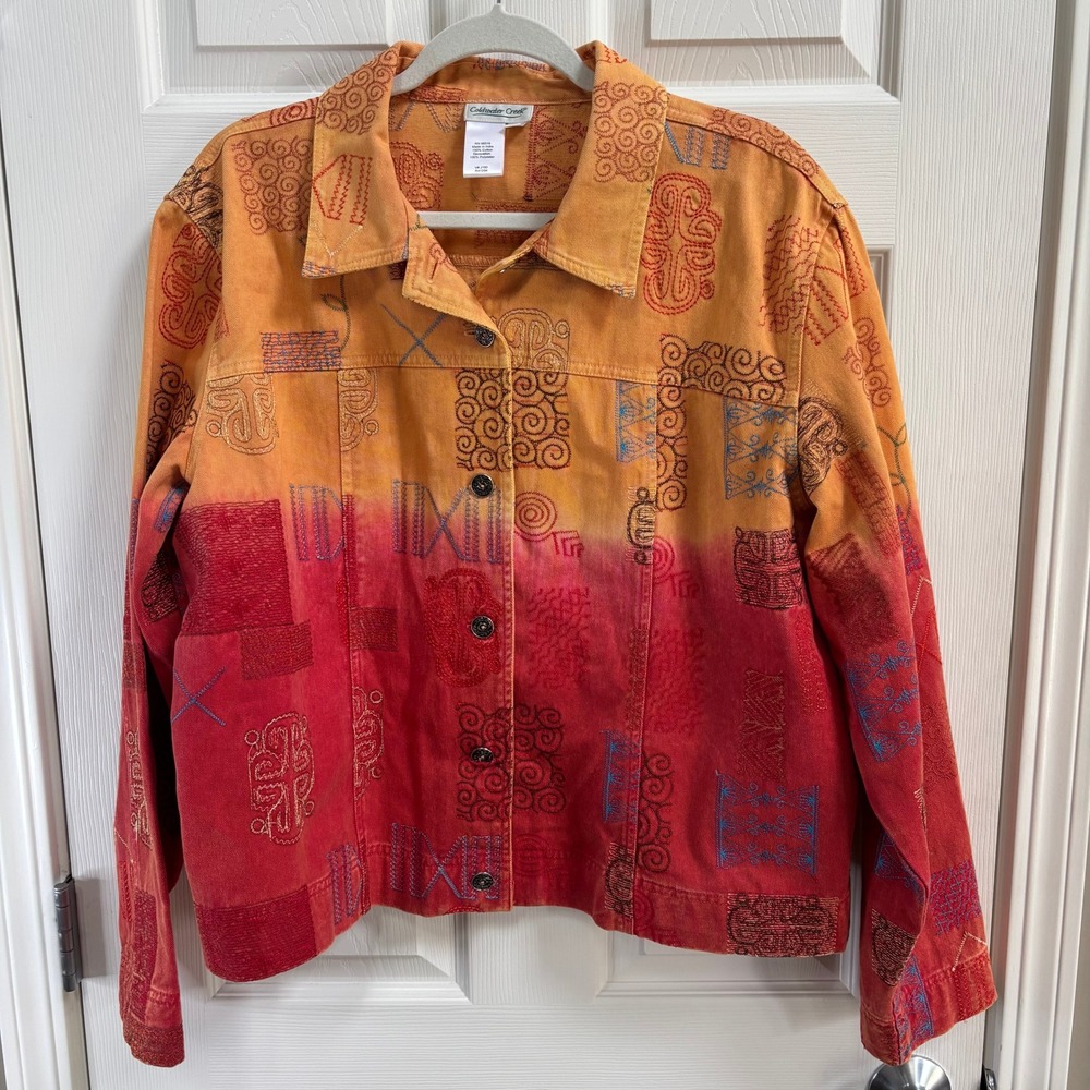 Coldwater Creek Y2K Ombre Embroidered Denim Jacket Orange Red Boho Southwest XXL